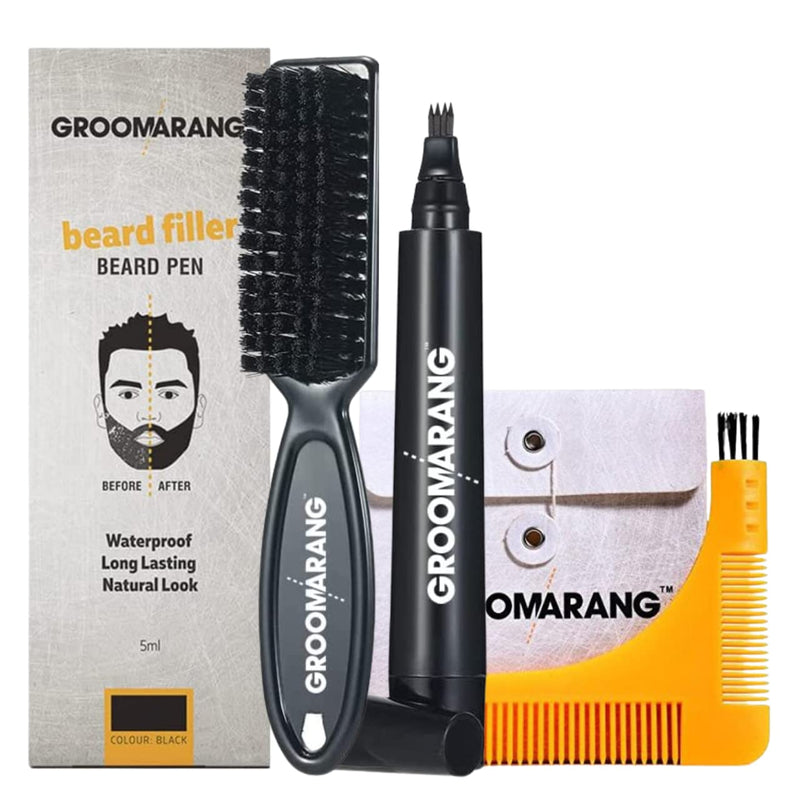 Beard Pen GROOMARANG® Beard Pencil Filler for Men - Natural Enhancer to Fill, Shape and Define - Black or Brown PLUS Beard Shaping Comb (Black) - BeesActive Australia