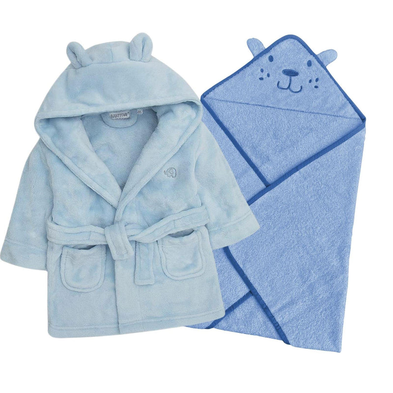 Baby Newborn Hooded Dressing Gown and Cotton Towel Set Soft Plush Warm Unisex Bear Wrap Snuggle Bath Robe Gift 0-6 Months Blue Towel & Robe - BeesActive Australia
