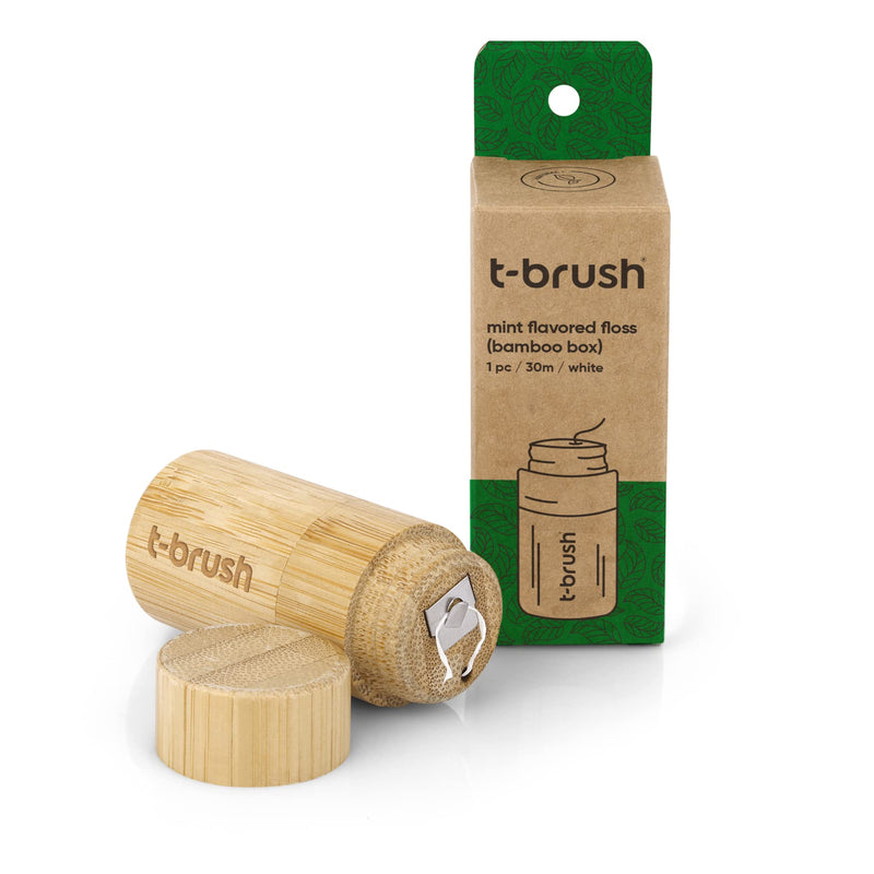 t-brush Dental Floss Mint Flavoured 30m | Within Refillable Bamboo Container | Eco-Friendly Vegan Cruelty-Free BPA Free Craft Packing No Plastic - BeesActive Australia