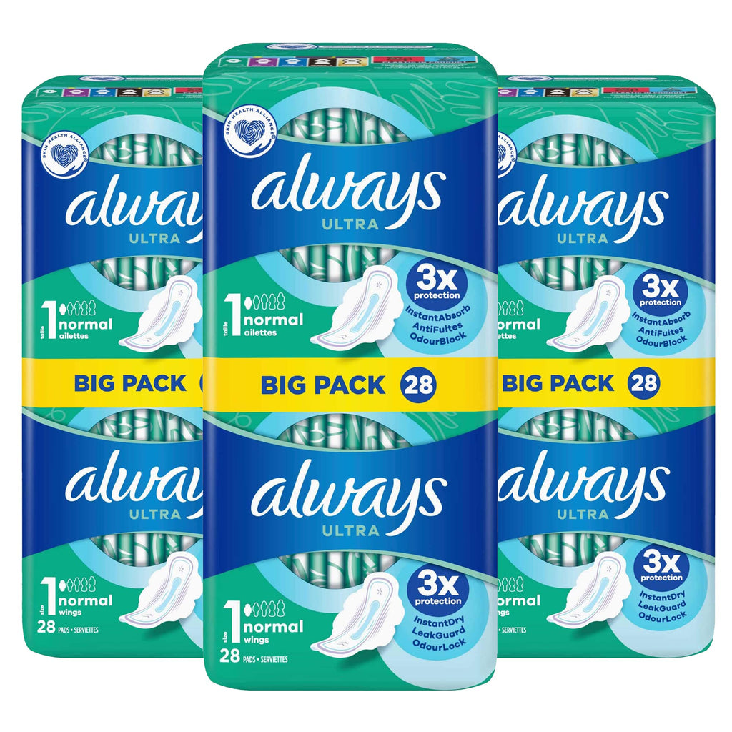 Always Ultra Normal (Size 1) Sanitary Pads Towels with Wings, 28 per Pack (Pack of 3) - 84 Pads in Total - BeesActive Australia