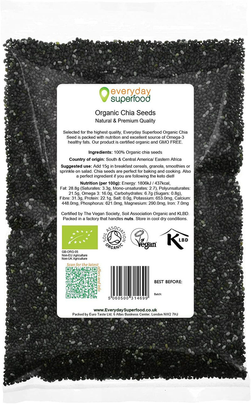 Organic Chia Seeds 400g Raw Natural Black Chia Seeds Certified Organic Vegan Kosher Premium Chia Seeds - BeesActive Australia