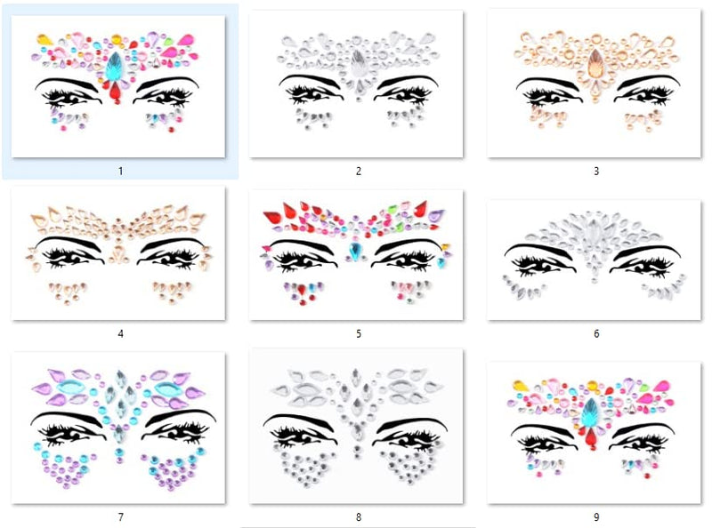 9 PCS Face Gems Adhesive Glitter Jewel Tattoo Sticker Festival Gems Rave Party Body Make Up Z9ZAKMIXA - BeesActive Australia